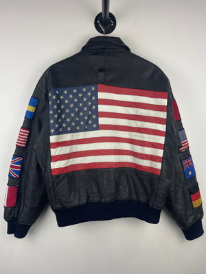 Vintage 90s Wilsons World Flags Black Leather Bomber Jacket