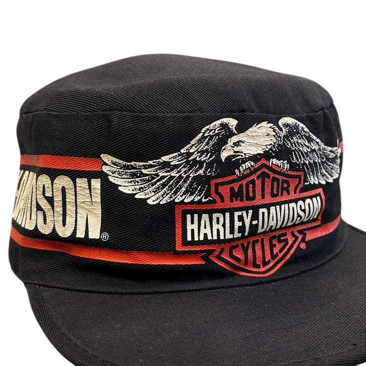 Vintage 80s Harley Davidson Eagle Black Pillbox Strapback Hat