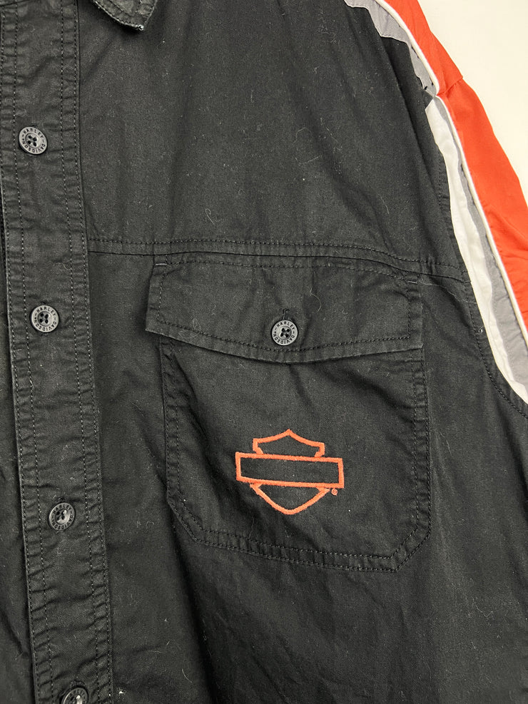 Vintage Harley Davidson Embroidered Black & Orange Button Up Shirt