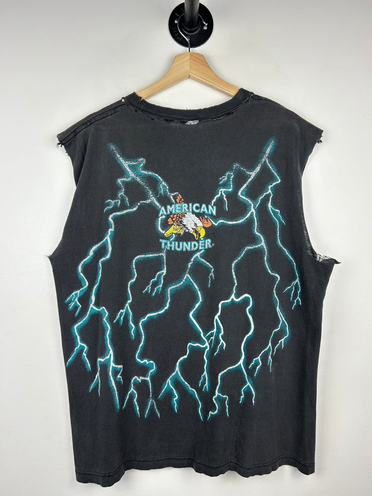 Vintage 90s American Thunder Hot Rod Street Lethal Thrashed Black Cut Off Tank Top