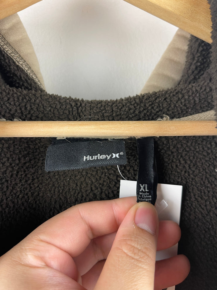 Vintage Hurley Skateboards Surfing Beige & Brown Fleece Lined Zip Up Hoodie