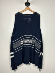 Off White Distressed Logo Intarsia Navy Knit Sweater