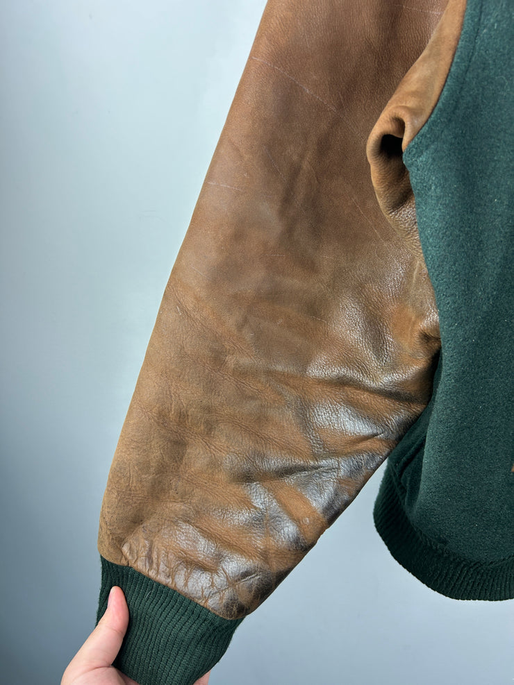 Vintage 90s Identity John Deere Green & Brown Wool Leather Bomber Jacket