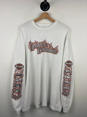 Vintage 2006 Harley Davidson Flames Woodstock Illinois White Long Sleeve