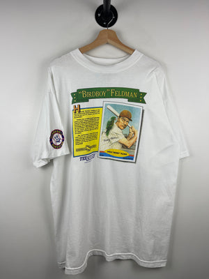 Vintage 90s Screwball Parody Birdboy Feldman Tee Cards Baseball White Tee