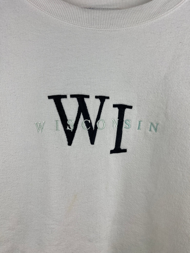 Vintage 90s Wisconsin Embroidered White Crewneck