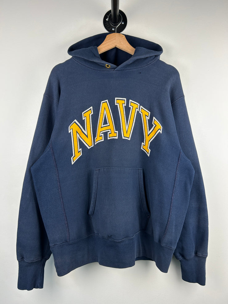 Vintage 80s Champion Reverse Weave US Navy Spellout Navy Hoodie