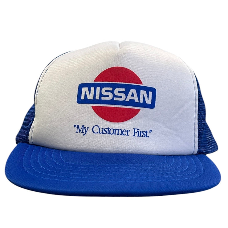 Vintage 80s Nissan My Customer First Blue Snapback Trucker Hat