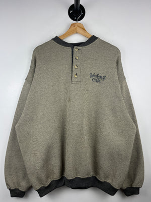Vintage 90s Rainforest Café Embroidered Henley Striped Grey Crewneck