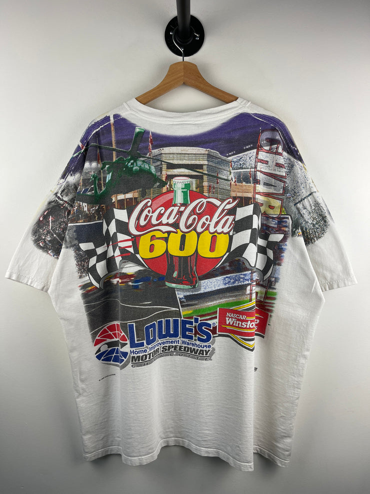 Vintage 90s Nascar Chase Coca Cola 600 Winston Cup All Over Print White Tee