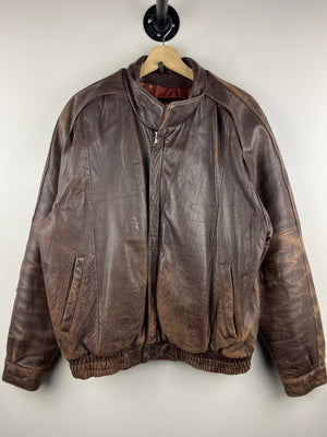 Vintage 90s Pour Le Sport Faded Brown Leather Bomber Jacket
