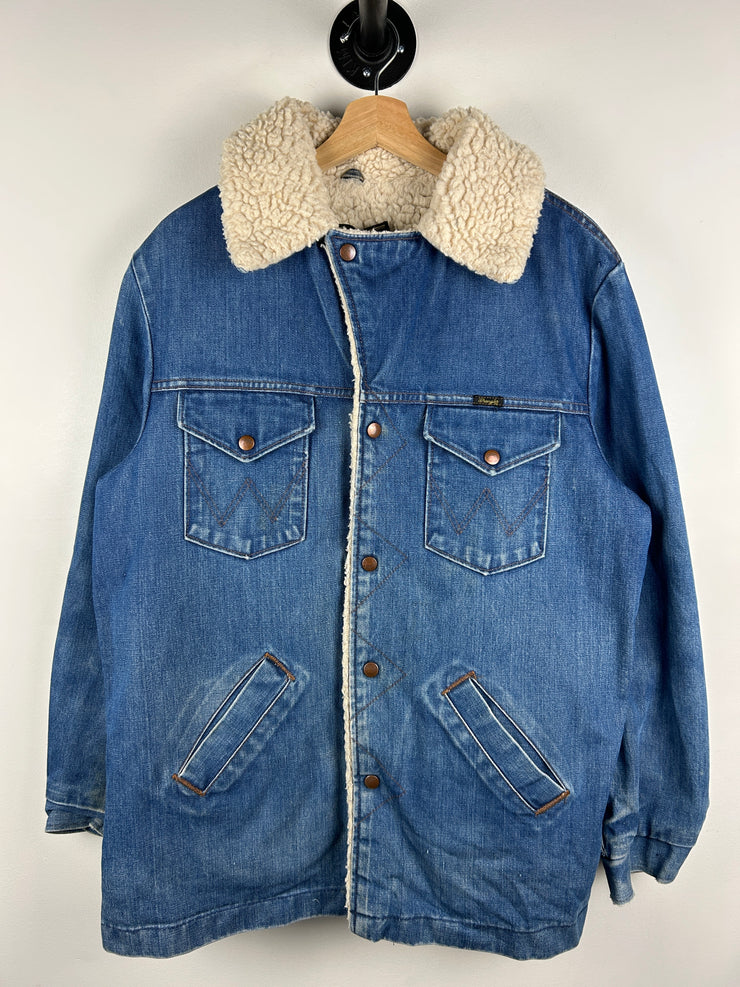 Vintage 80s Wrangler Light Wash Blue Denim Sherpa Lined Jacket