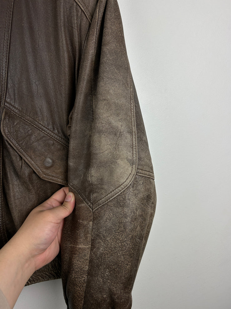 Vintage 90s Impressions Faded Brown Leather Bomber Jacket