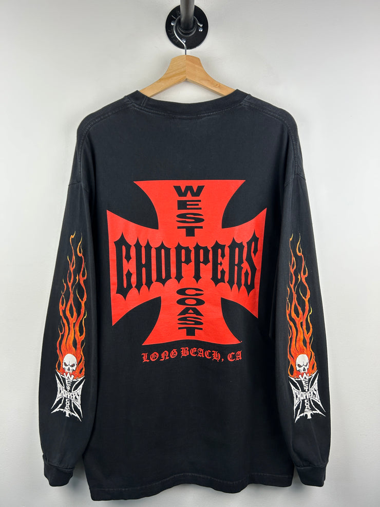 Vintage 2003 West Coast Choppers Flames Skull Black Long Sleeve