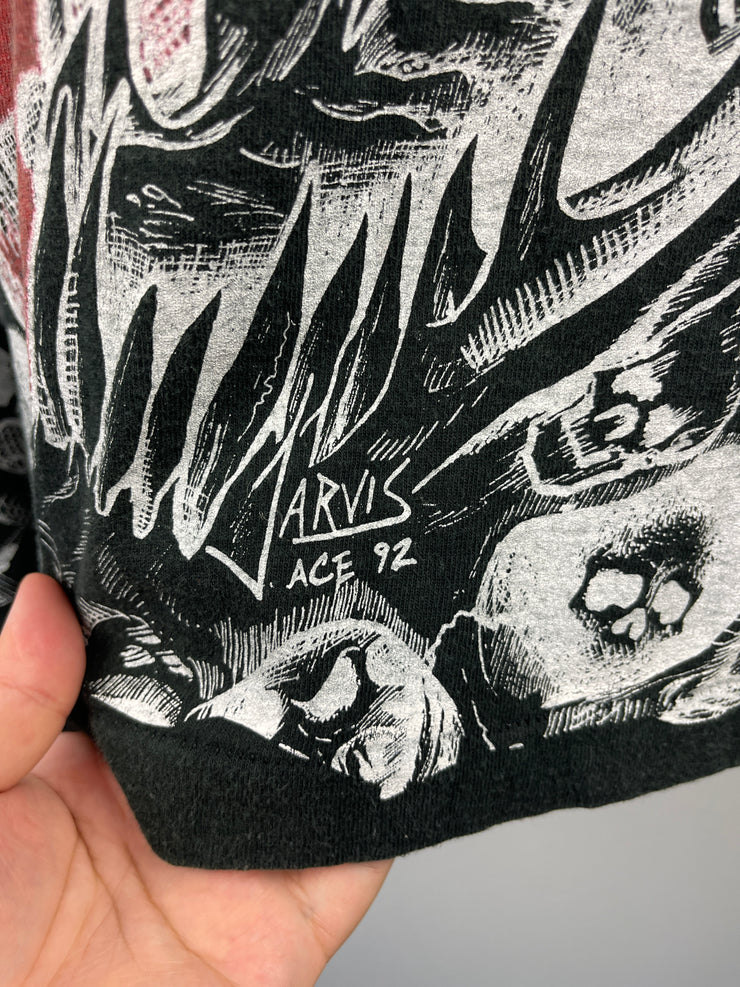 Vintage 90s Jarvis Ace Skull All Over Print Black Tee