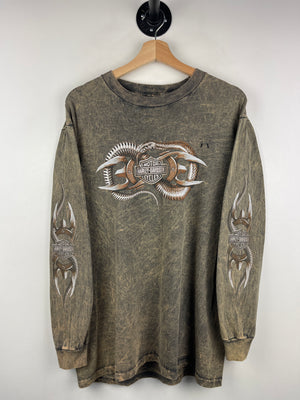 Vintage 2002 Harley Davidson Snake New Castle Delaware Brown Tie Dye Long Sleeve