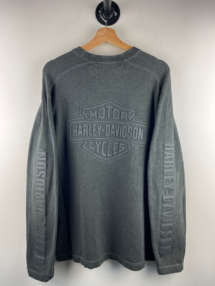 Vintage Harley Davidson Gel Print Spellout Charcoal Long Sleeve