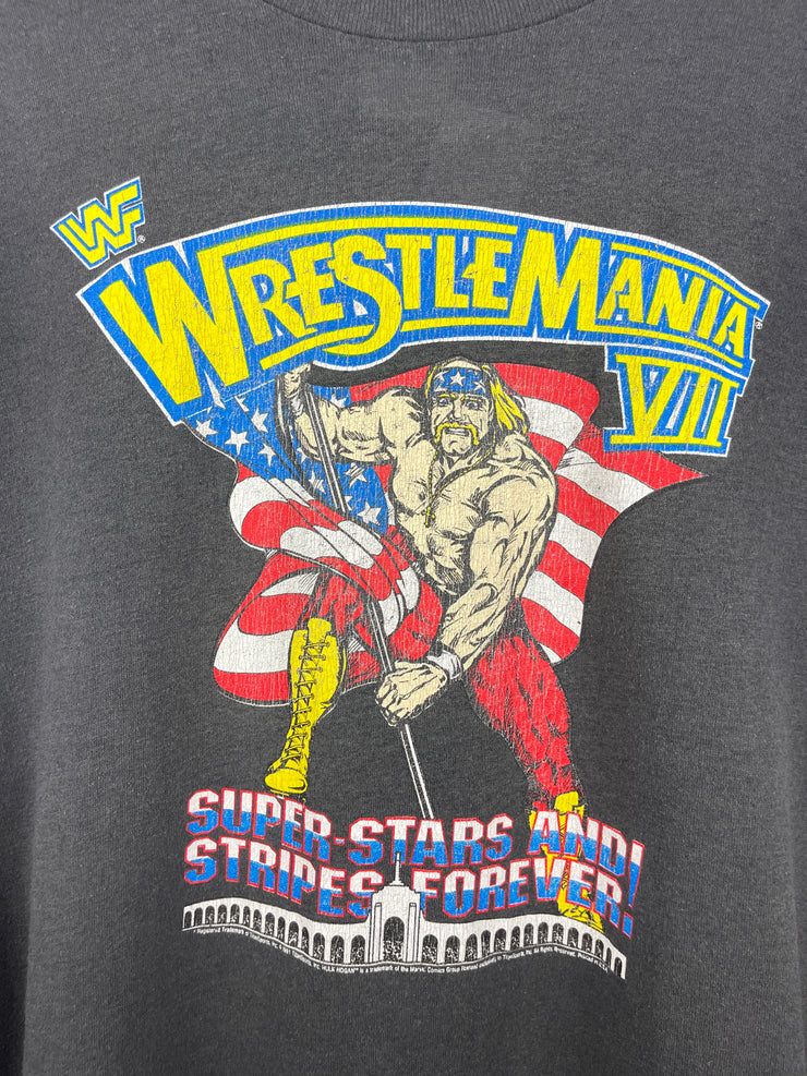 Vintage 90s WWF Hulk Hogan Wrestle Mania VII 7 Superstars And Stripes Black Tee
