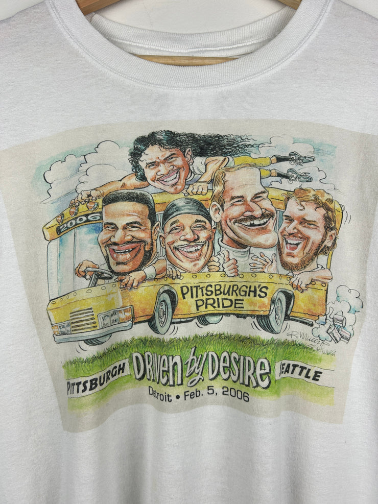 Vintage NFL Pittsburgh Steelers Newpaper Party Bus White Tee