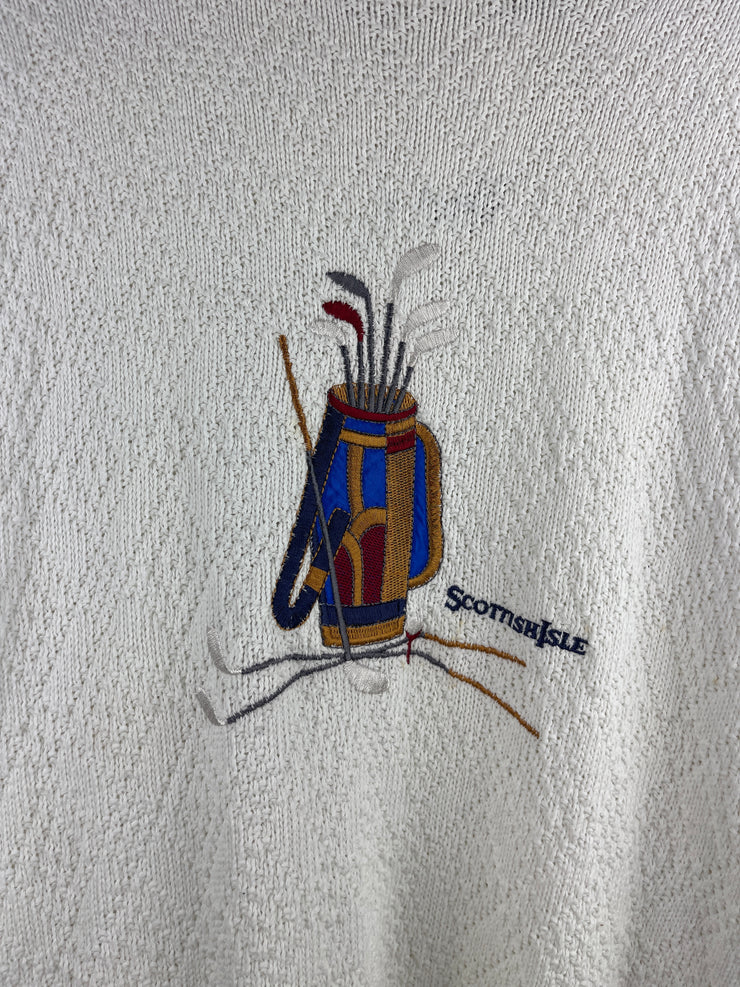 Vintage 90s Scottish Isle Golf Bag Embroidered White Knit Sweater