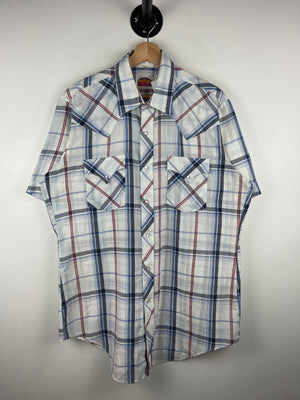 Vintage 80s Miller Pearl Snap Plaid White Short Sleeve Button Up Shirt
