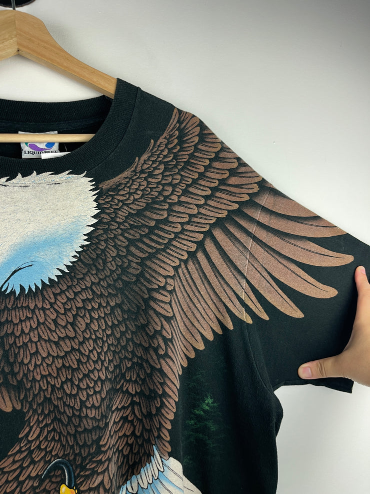 Vintage 90s Liquid Blue Eagle All Over Print Black Tee