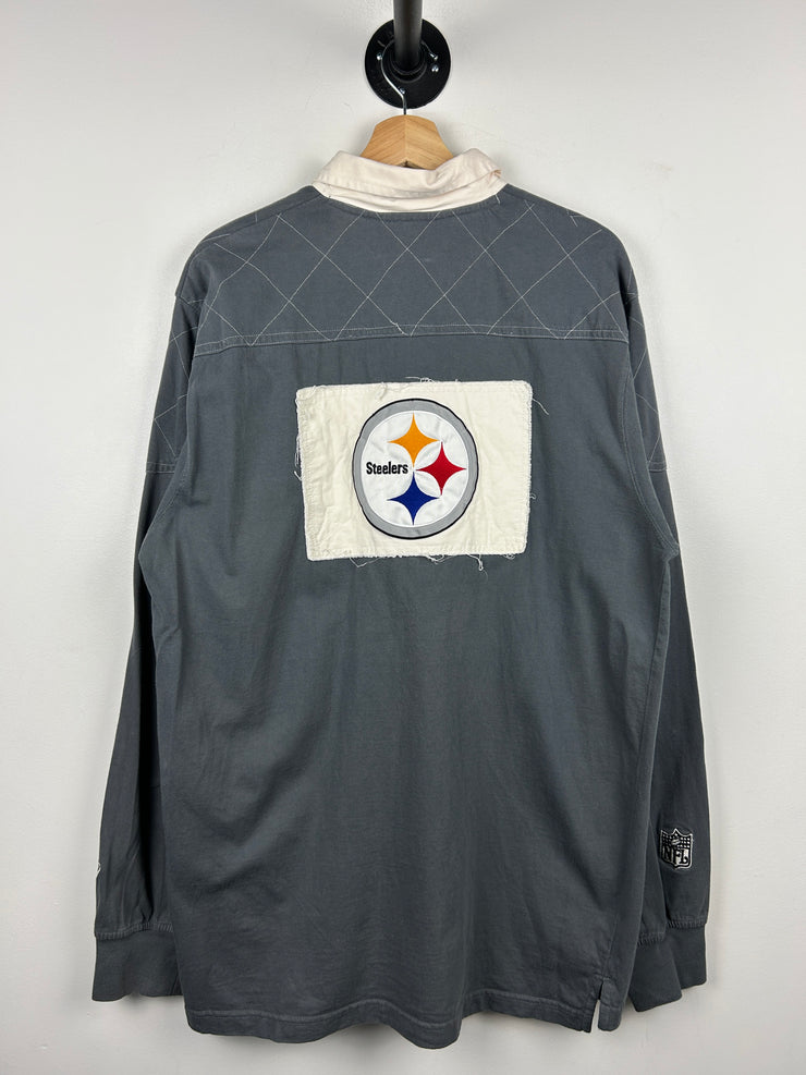 Vintage NFL Reebok Pittsburgh Steelers Grey Polo Rugby Long Sleeve