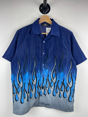 Vintage Y2K City Impact Flames Navy Short Sleeve Button Up Shirt