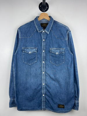 Neighborhood Rawhide Western Blue Denim Button Up Long Sleeve Shirt