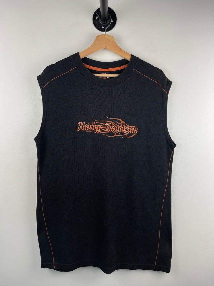 Vintage Harley Davidson Embroidered Black Waffle Knit Tank Top