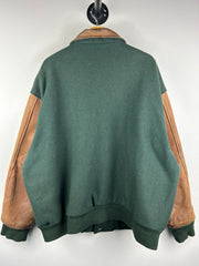 Vintage 90s Identity John Deere Green & Brown Wool Leather Bomber Jacket