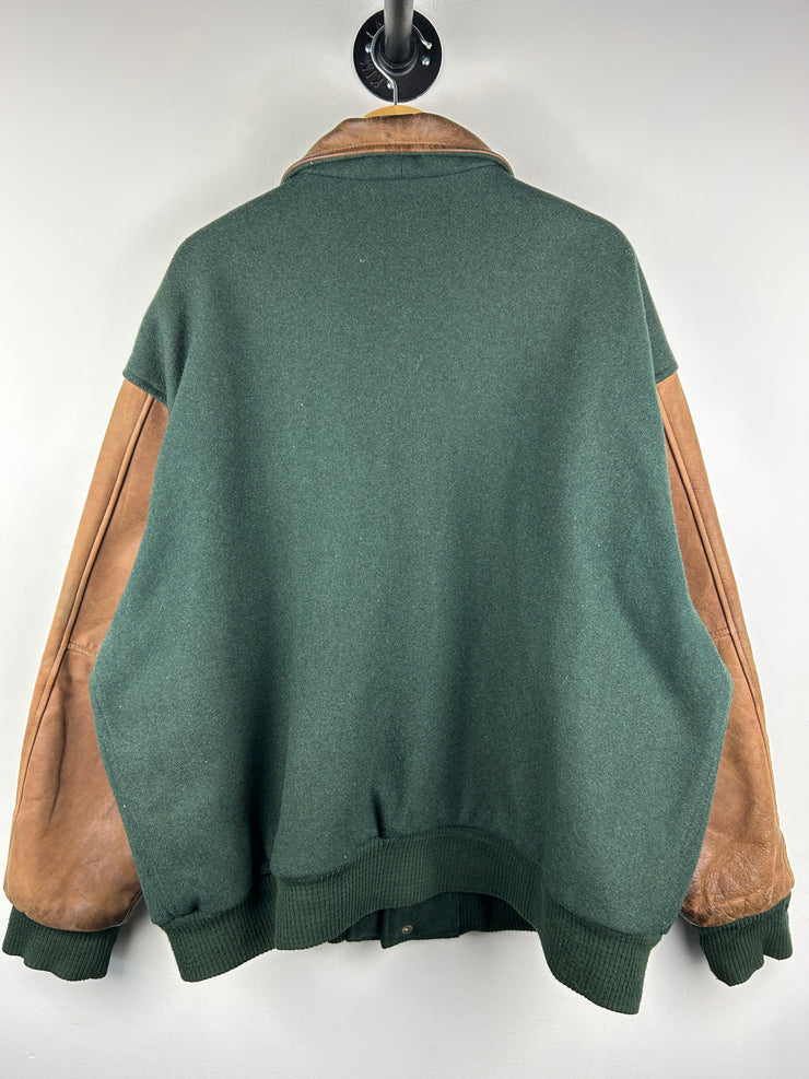Vintage 90s Identity John Deere Green & Brown Wool Leather Bomber Jacket