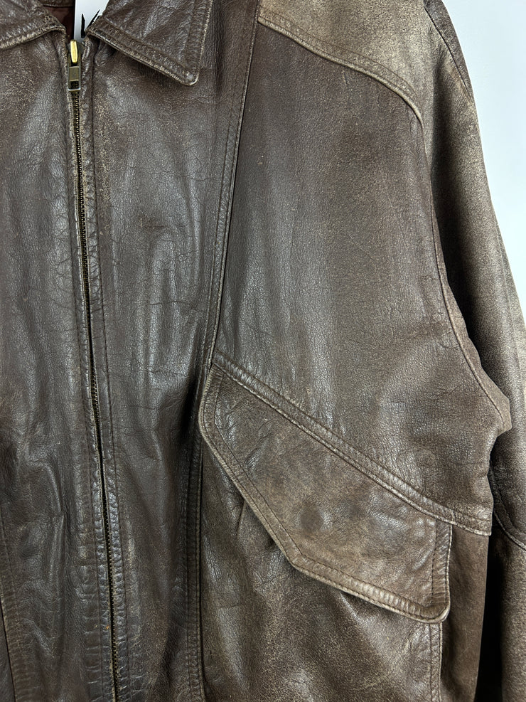 Vintage 90s Impressions Faded Brown Leather Bomber Jacket