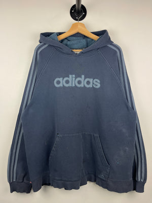 Vintage Adidas Spellout 3 Stripe Embroidered Navy Hoodie