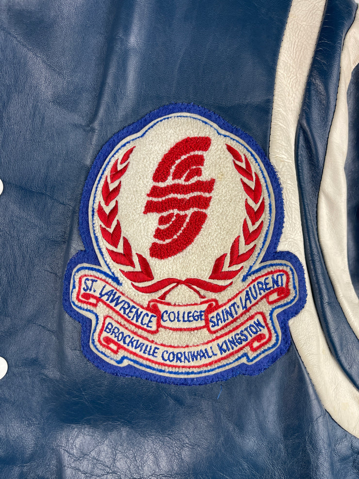 Vintage 80s St. Lawrence College Kingston Ontario Blue Leather Varsity Jacket