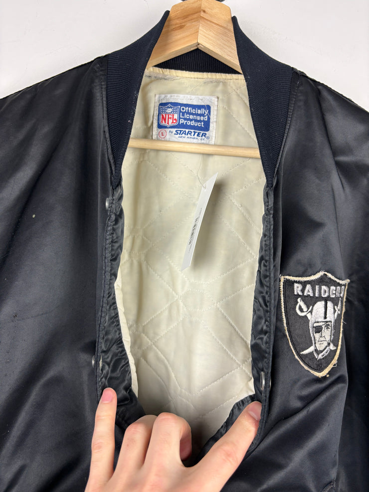 Vintage 80s NFL Starter Los Angeles Raiders Spellout Black Satin Bomber Jacket