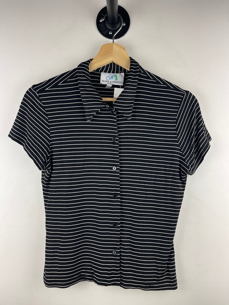 Vintage Mark Edwards Golf Black & White Striped Button-Up Women’s Polo Shirt