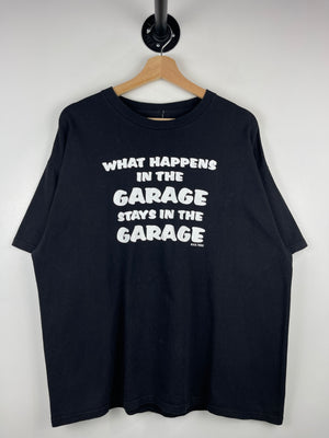 Vintage What Happens In The Garage Stays In The Garage Comedy Black Tee