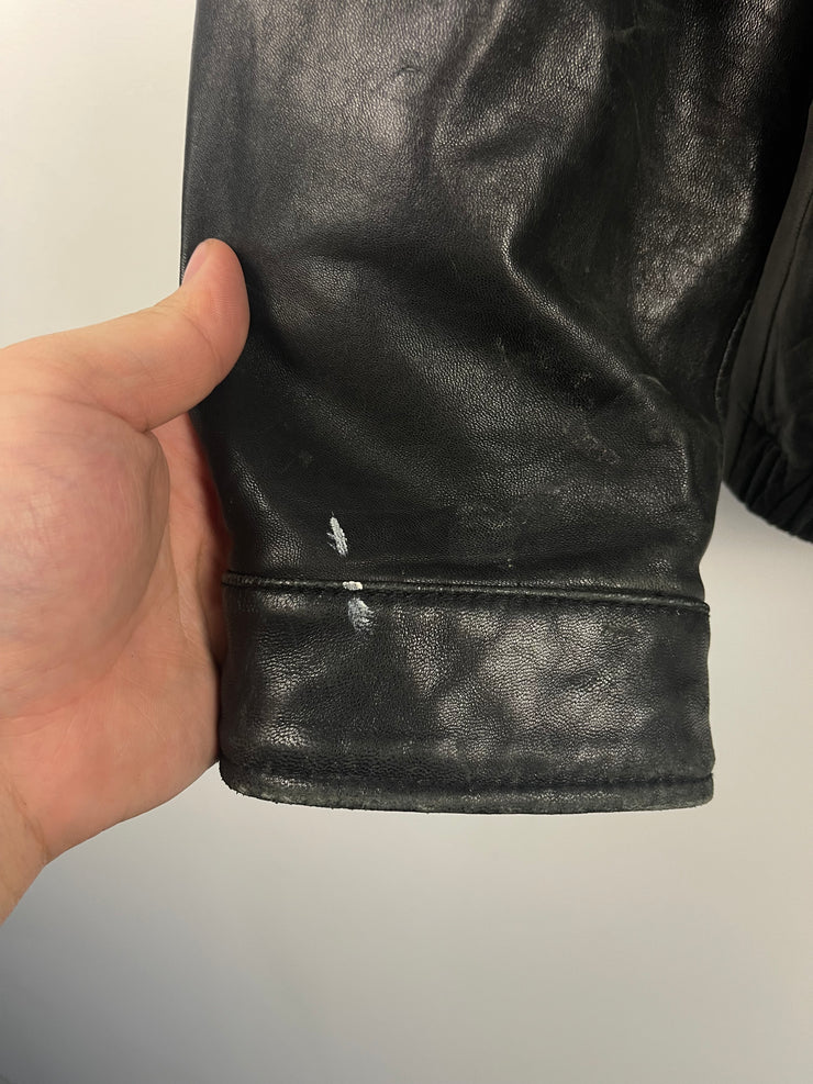 Vintage Nautica Black Leather Cropped Bomber Jacket
