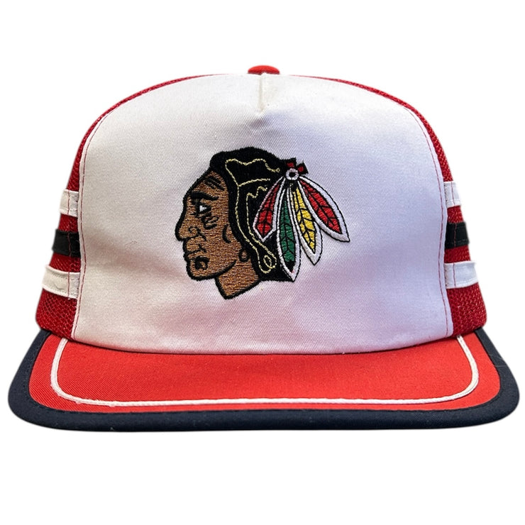 Vintage 80s NHL Ted Fletcher Chicago Blackhawks Tri 3 Stripe Trucker Snapback Hat