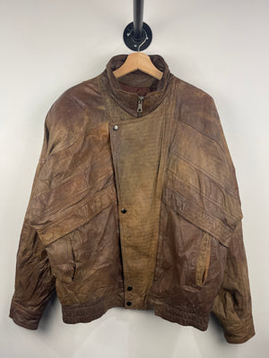 Vintage 90s Adventure Guide Faded Two Tone Brown Leather Bomber Jacket