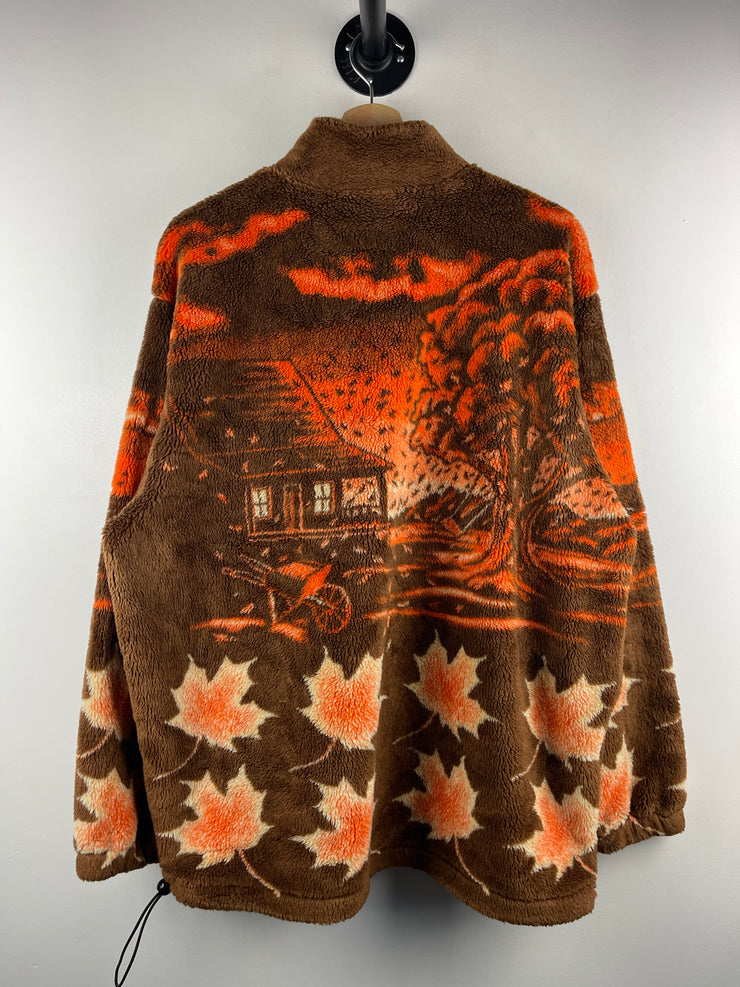 Vintage 90s Art Unlimited Fall Leaves Brown Sherpa Fleece Zip Up Sweater