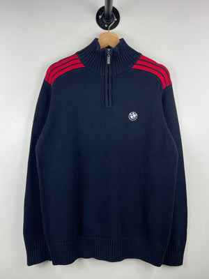 Vintage 90s BMW Navy & Red Knit Quarter Zip Sweater