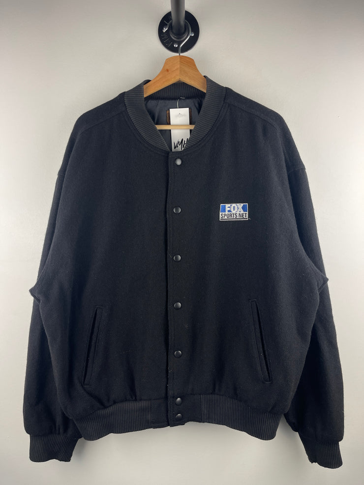 Vintage 90s Fox Sports Net Black Wool Varsity Jacket
