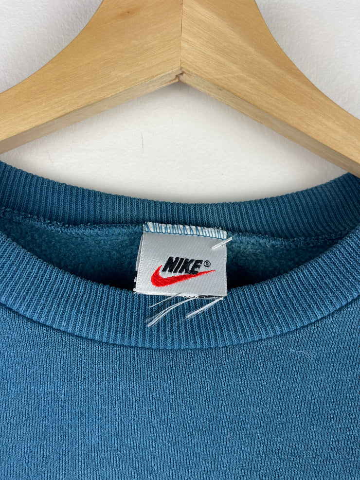 Vintage 90s Nike Swoosh Spellout Embroidered Teal Crewneck