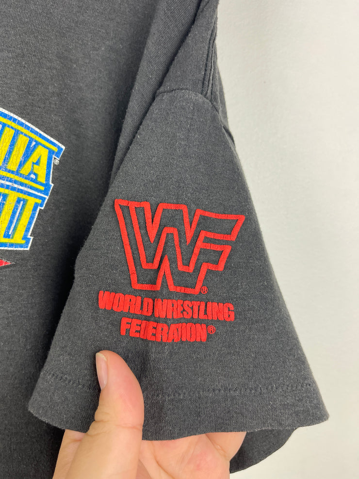 Vintage 90s WWF Hulk Hogan Wrestle Mania VII 7 Superstars And Stripes Black Tee