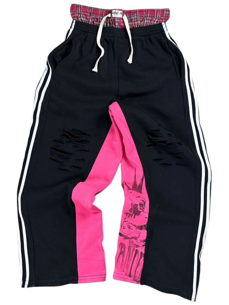 Misslanded Flared Distressed Black & Pink Sweatpants