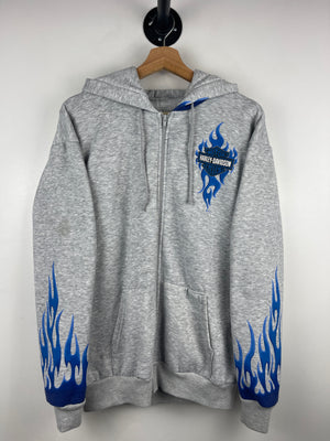 Vintage 2005 Harley Davidson Blue Flame California Grey Zip Up Hoodie