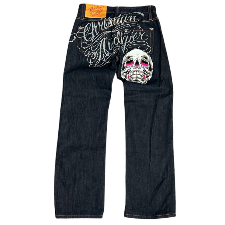 Christian Audigier Embroidered Skull Dark Wash Blue Denim Jeans