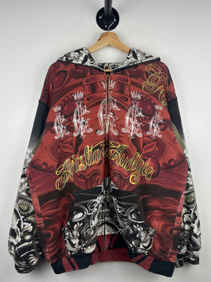 Vintage Y2K Ed Hardy Christian Audigier Rhinestone All Over Print Zip Up Hoodie